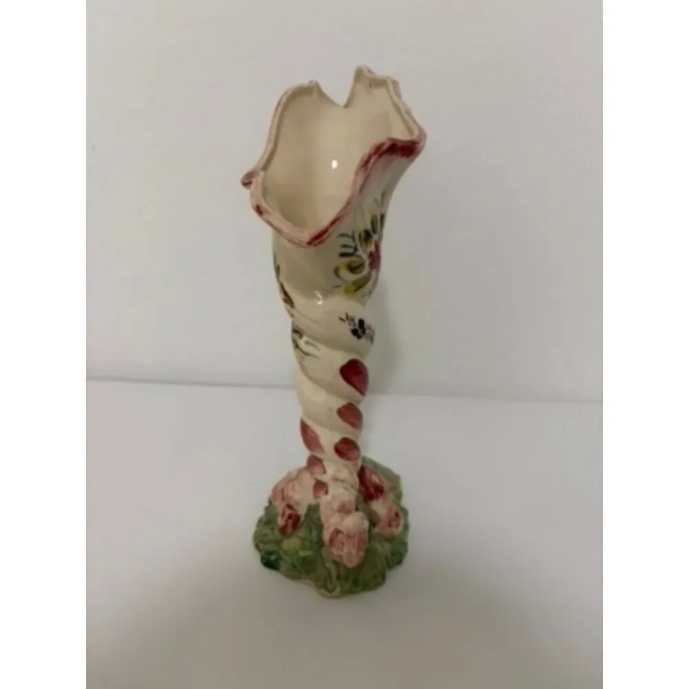 VTG. japan Hand Painted Ceramic Cornucopia vase with floral motif